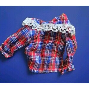 Vintage 1980s / 90s Doll Blouse Barbie? Shirt Red Blue Plaid Lace Top Small Cute